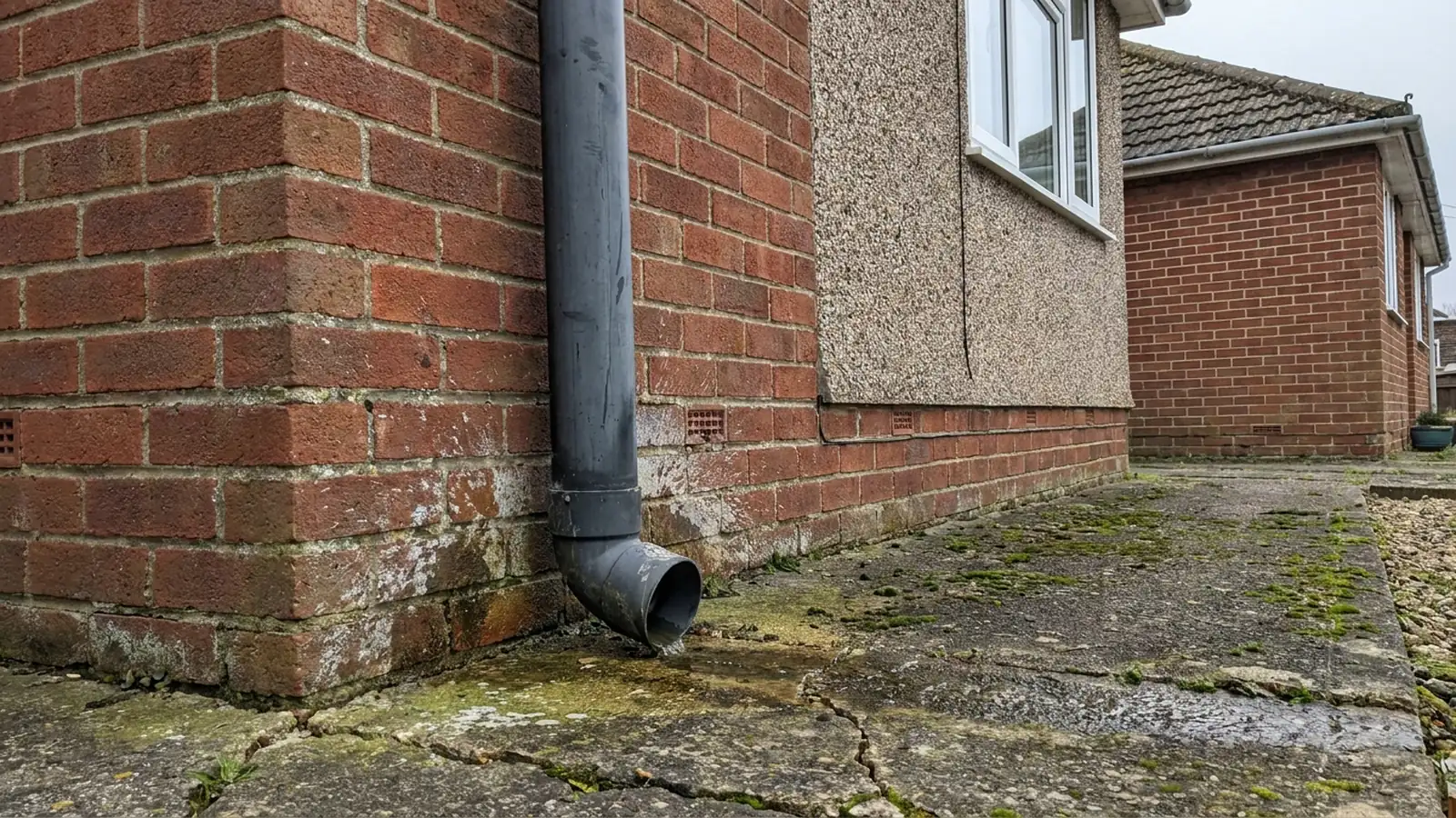 A downpipe discharging onto a path